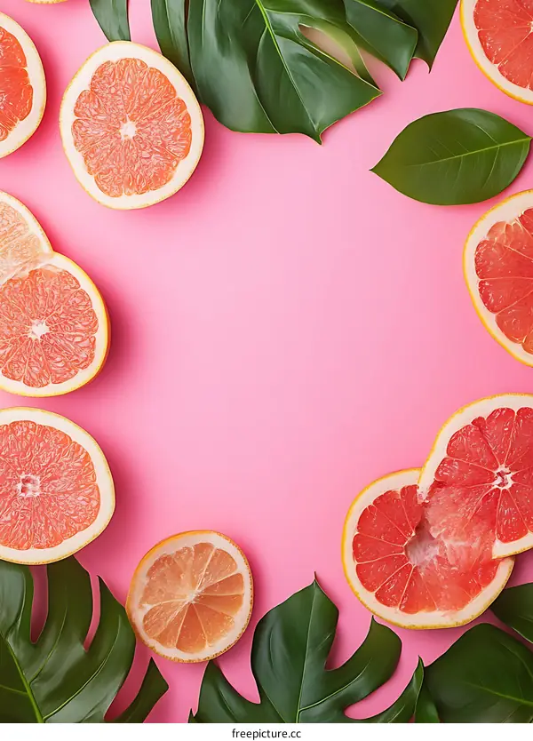 Pink Background with Grapefruit Slices and Green Leaves