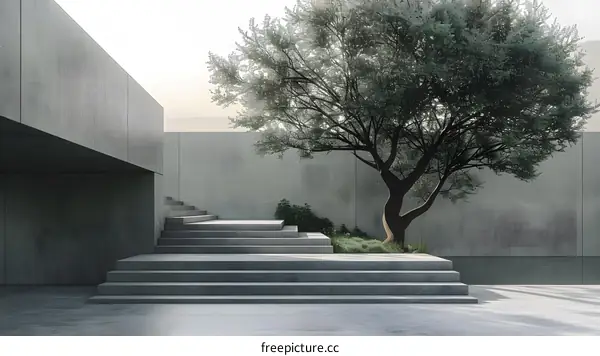 Minimalist Concrete Stairs with a Tree in the Background
