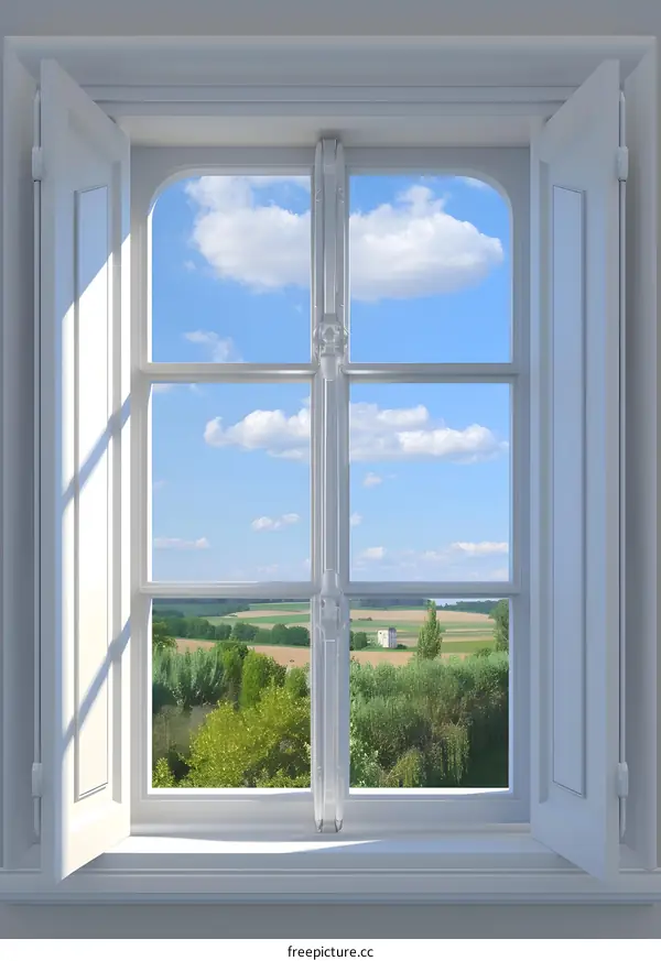 White Window with Open Shutters Looking Out to Green Fields