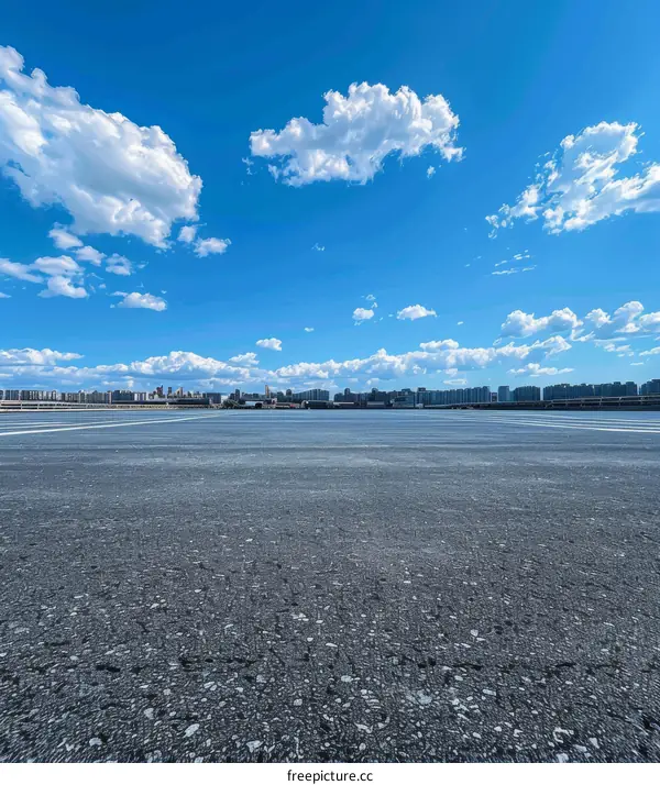 Empty Airport Runway with Blue Sky and Clouds