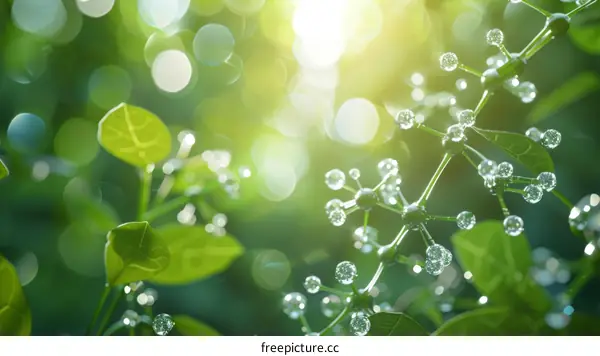 Green leaves and molecular structure with dew on a blurred background