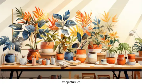A beautiful painting of a variety of plants in pots on a wooden table.