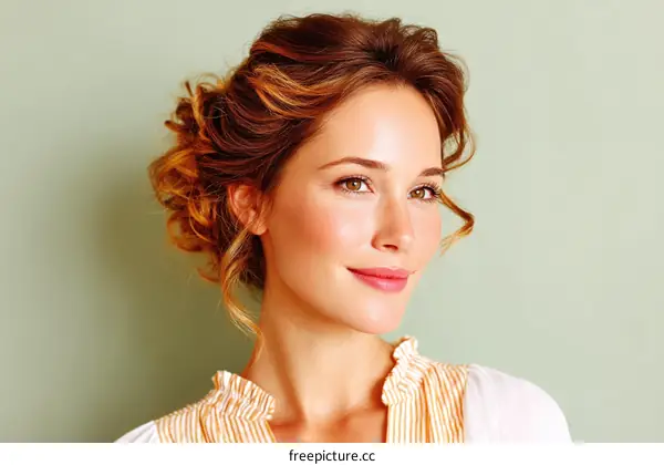 A Woman with Curly Hair Updo and Striped Blouse