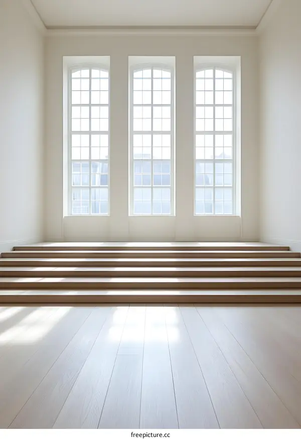 Empty Room with White Walls and Three Large Windows