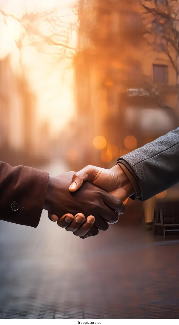 Interracial Business Partnership Handshake in City