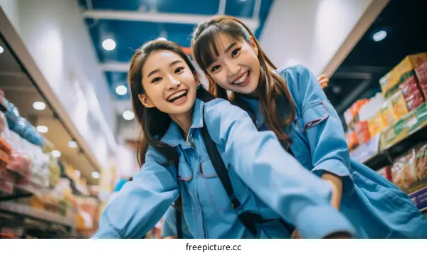 Two Asian women in blue workwear smiling and posing for a photo in a supermarket