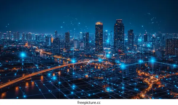 Night City Skyline Connected by Digital Network