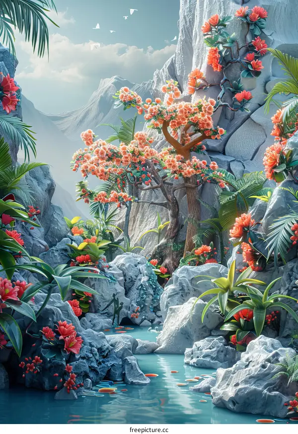 Enchanted Landscape with Pink Flowers and Blue River