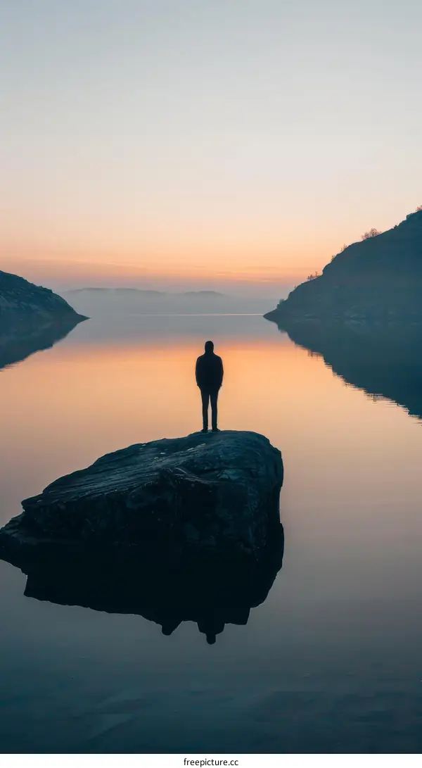 Man standing alone on rock in middle of lake at sunset