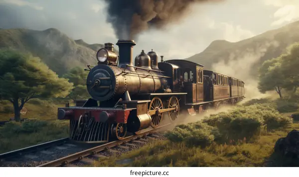 A steam locomotive train travels through a lush green valley