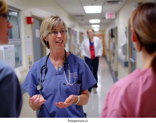Female doctor talking with two nurses in hospital hallway
