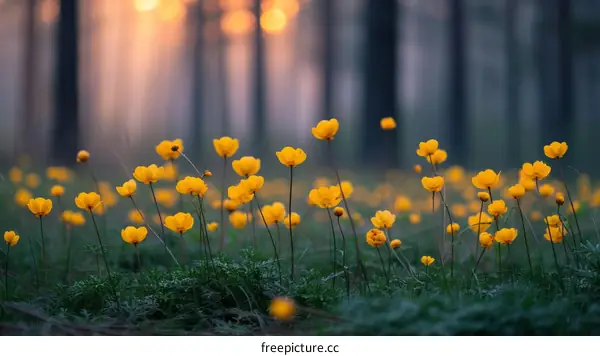Close-up of yellow buttercup flowers in a green field with a blurry forest in the background