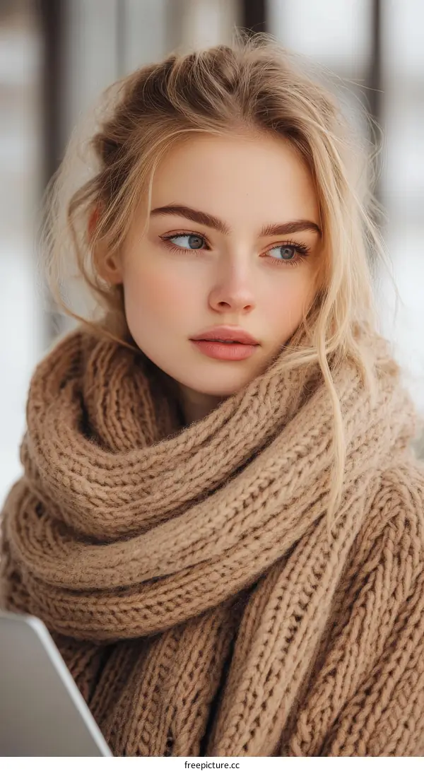 Beautiful Woman Wearing a Knitted Scarf