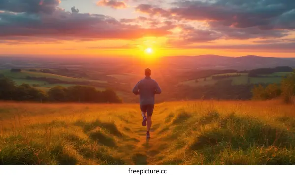 Man running towards the sunset in the countryside