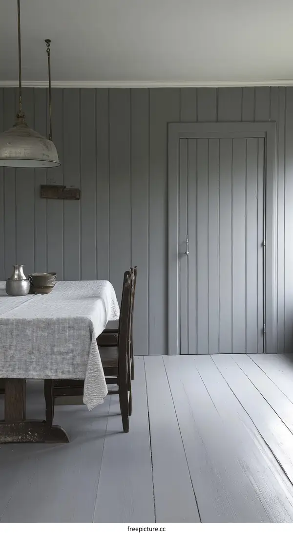 Dining Room with Gray Walls and Light Wood Floors