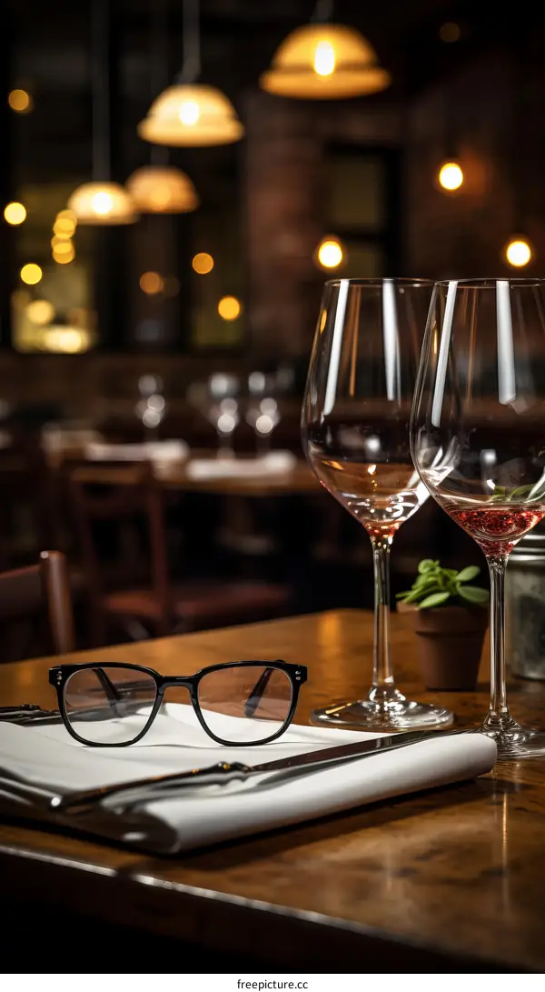 Two Empty Wine Glasses and Eyeglasses on a Closed Menu on a Tabletop in a Restaurant