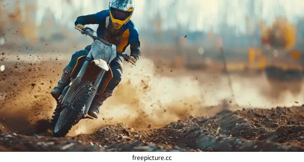Dirt bike rider is racing on the track