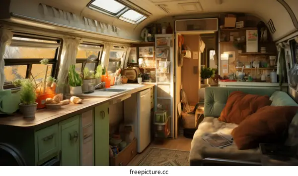 Cozy interior of a camper van with a kitchen and living area