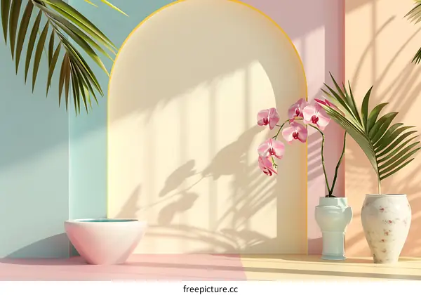 Pastel Colors Tropical Minimalist Background With Orchid And Palm Leaf