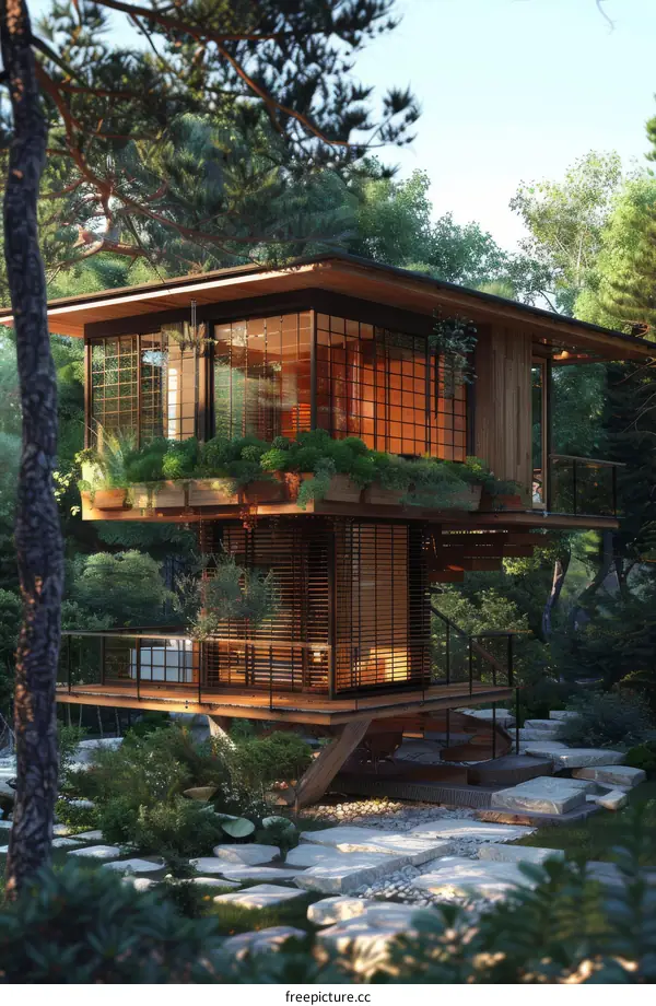 A Stunning Elevated Japanese-Style Cabin in a Lush Garden