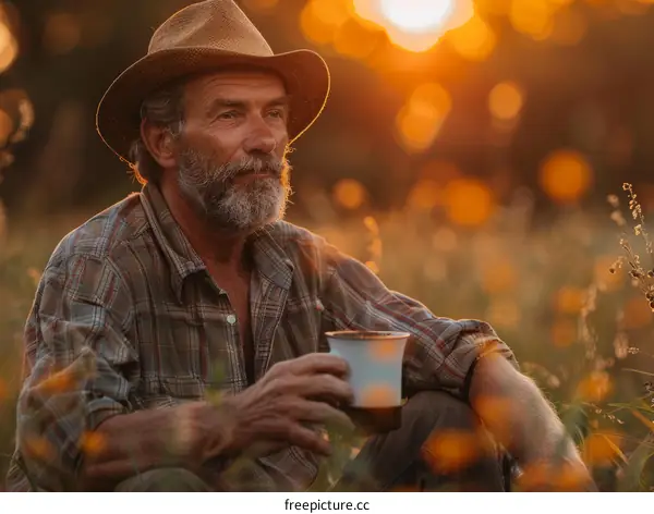 A Thoughtful Farmer Sipping His Cup of Coffee During Sunset