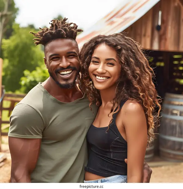 Happy Couple Smiling Together in Front of a Barn