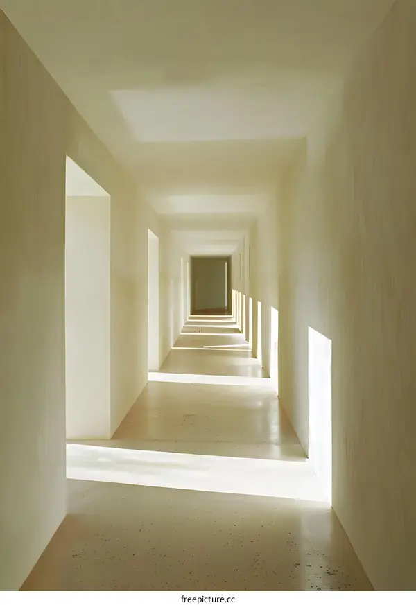 Sunlight Streaming Through Doors in a Long White Corridor