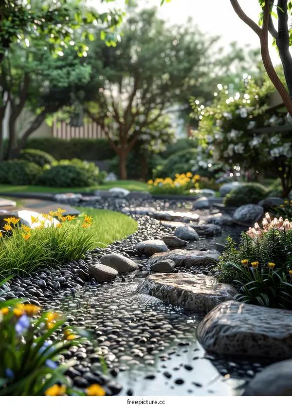 Digital Illustration of a Serene Garden Stream