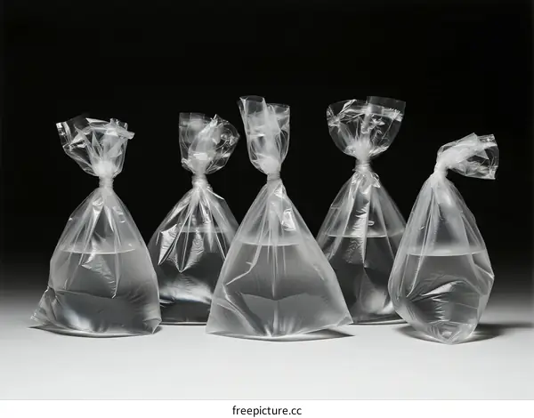 Transparent plastic bags filled with liquid in a row