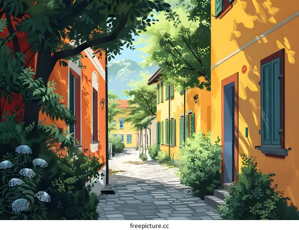 Summer European Alleyway With Cobblestone Path and Lush Greenery