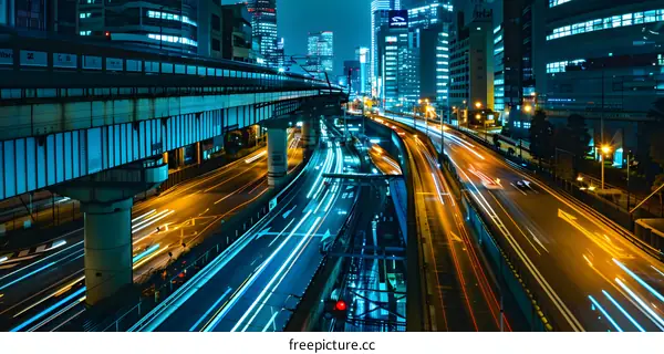 Night View of City Highway With Light Trails