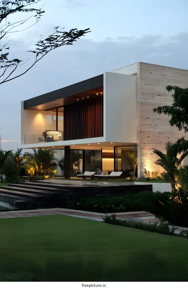 Modern Minimalist Home Exterior Design with Stone Wall and Green Grass