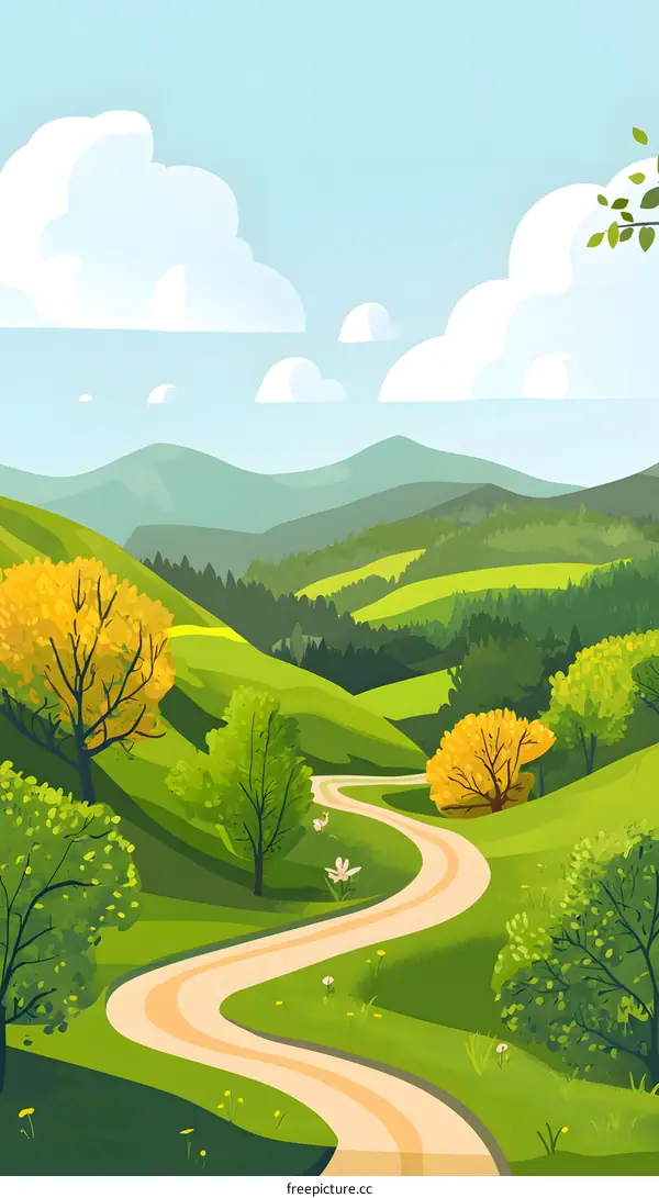 Winding Road Through Green Hills and Forests