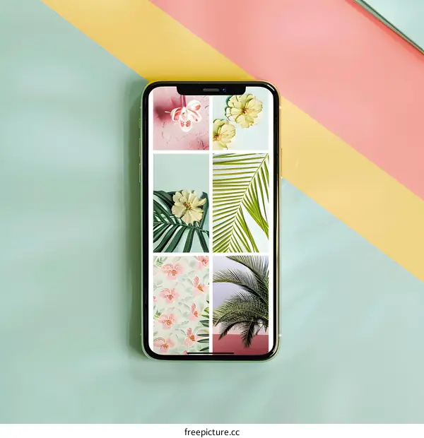 Close up of a Smartphone with Floral and Tropical Images on the Screen