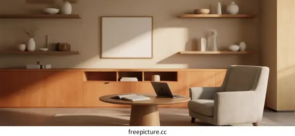 Modern minimalist living room with wooden furniture and comfortable chair