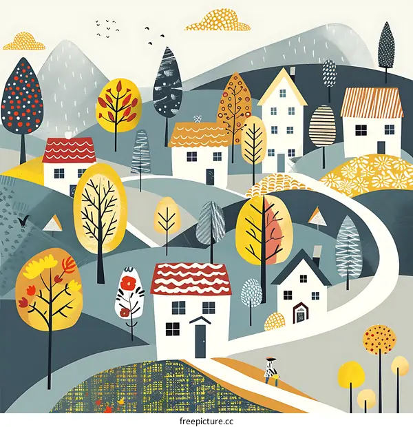 Charming Autumn Village with Winding Path and Single Person