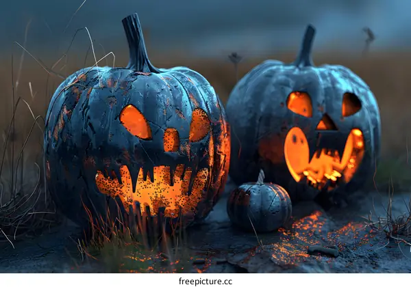 Two spooky pumpkins glowing in the dark