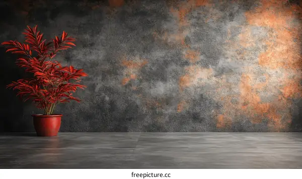 Empty Room with Red Plant and Rusty Wall