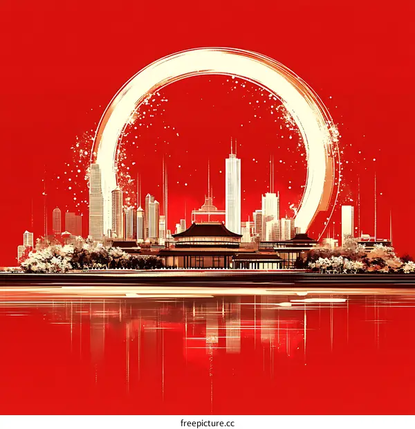 Red Chinese Cityscape Illustration with Circle