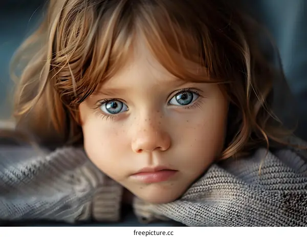 Portrait of a cute redheaded girl with freckles and blue eyes