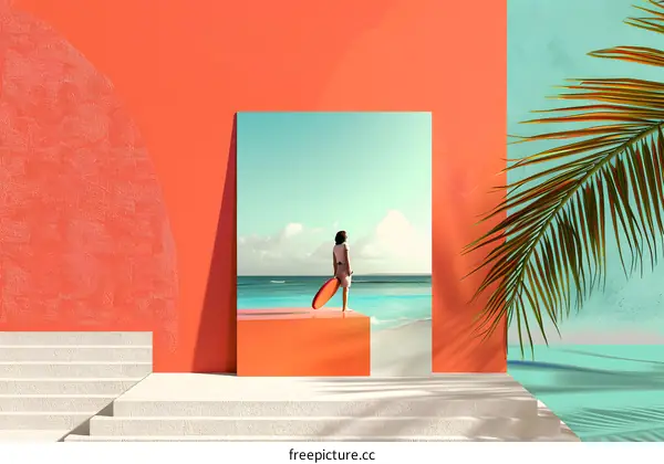 Minimalist Summer Vacation Illustration With a Person Holding a Surfboard