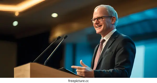 Businessman Speaking at Podium with Microphone