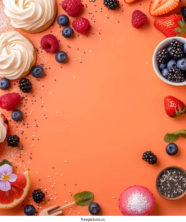 Orange Background with Sweet Berries, Meringue Cookies, and Macarons