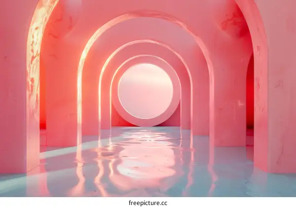 Pink Geometric Archway Leading to a Serene Pool