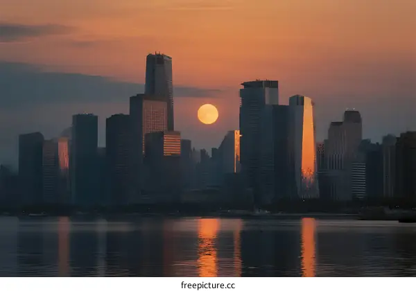 Golden Full Moon Rising Over Urban Skyscrapers at Sunset