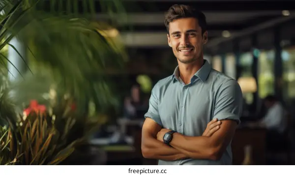 Portrait of a smiling young man standing in a tropical setting