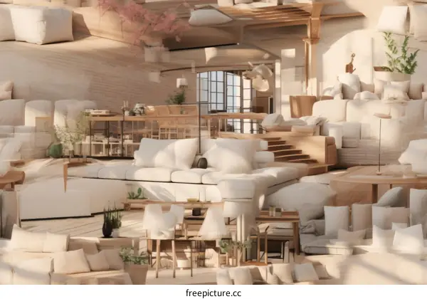 A cozy living room with white sofas and wooden furniture