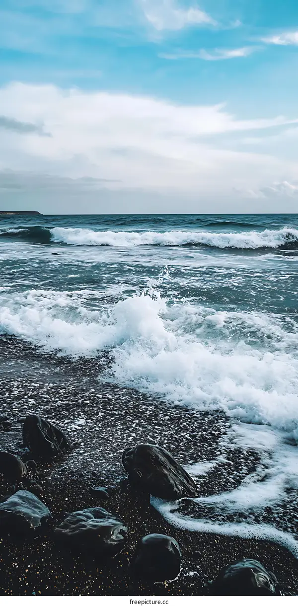 Ocean Waves Crashing on Rocky Shore