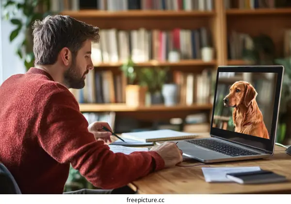 Man working at home with a dog on screen