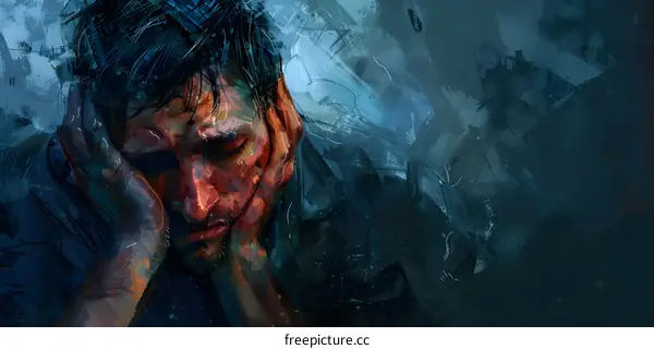 A man is holding his head in his hands and crying.